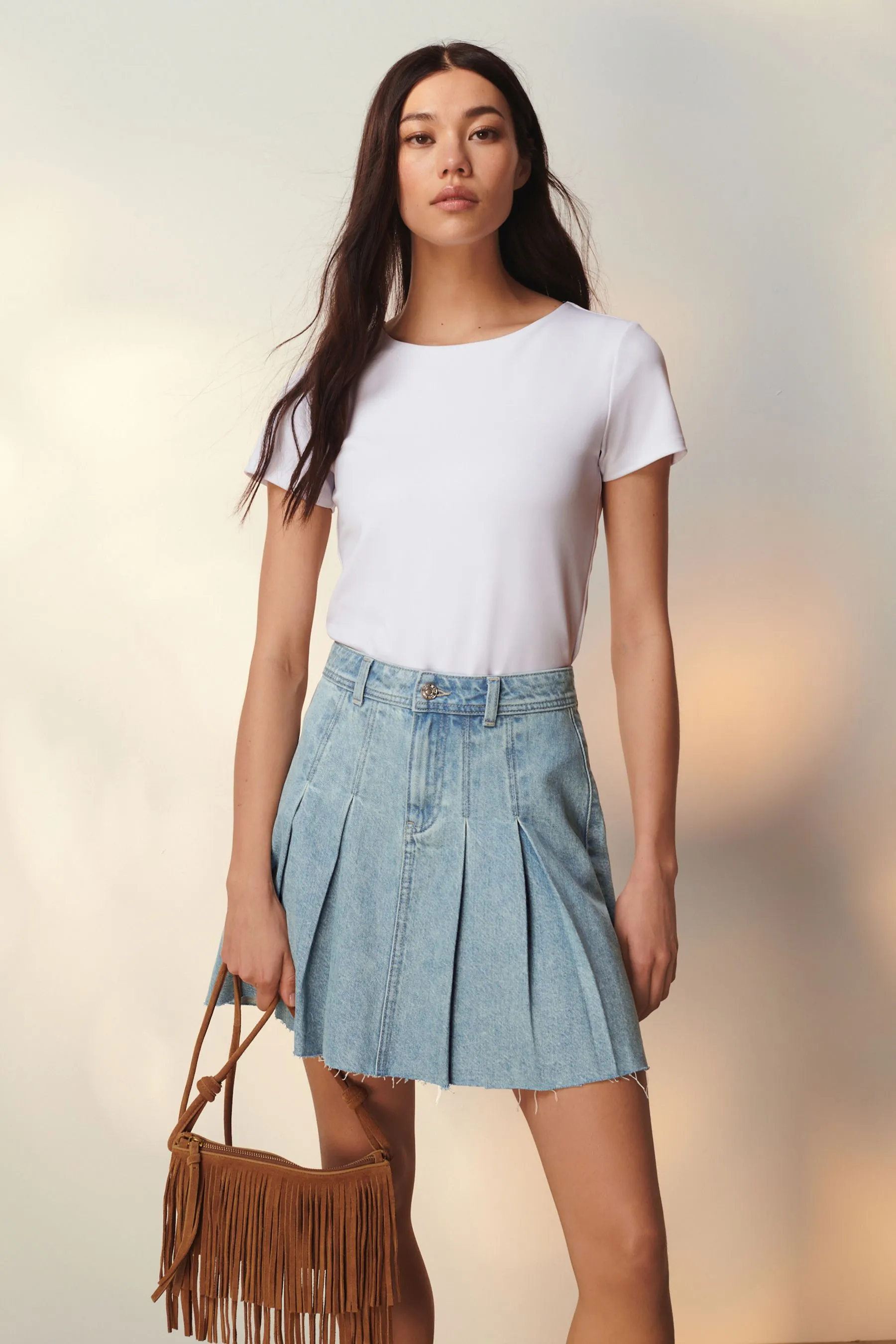 100% Cotton Pleated Denim Mini Skirt    