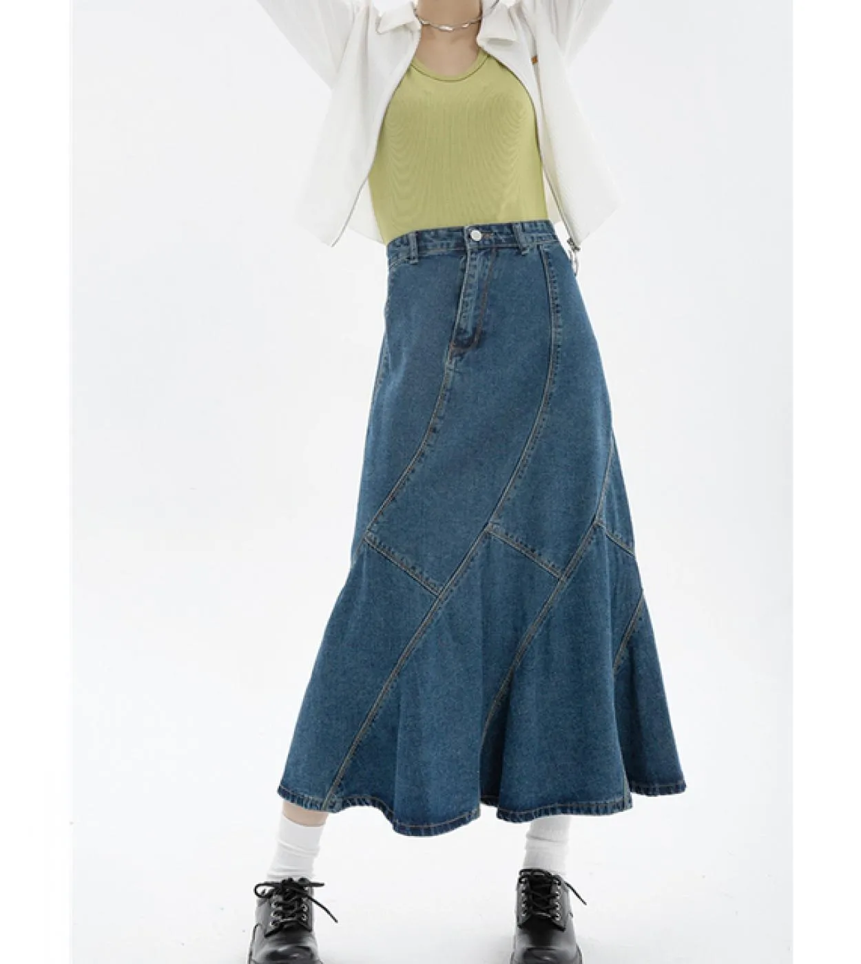 2022 estate vintage blu gonna a tromba in denim da donna stile streetwear casual jeans a sirena lunga da donna irregolare a vita