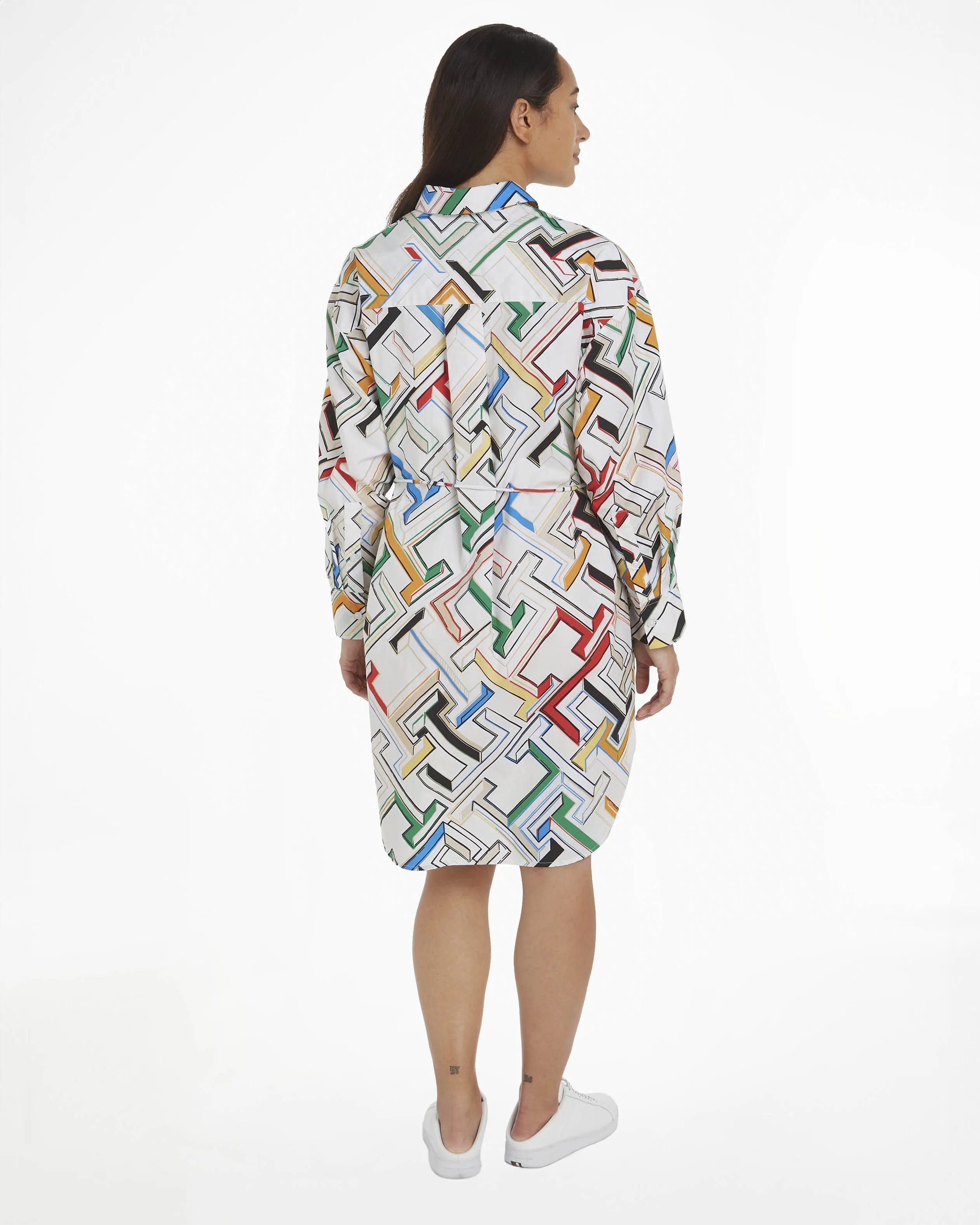 Abito bianco chemisier in cotone organico a fantasia logo multicolore