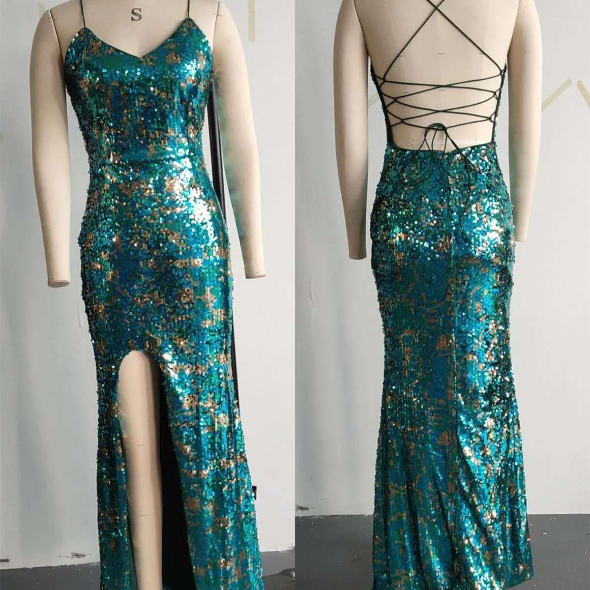 Abito con paillettes senza schienale Missord Miss Ord Abito lungo elegante con spacco senza schienale e allacciatura