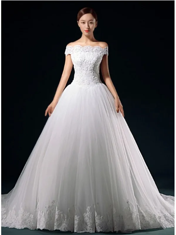 Abito da Sposa A-line economico con scollo a barchetta e gonna morbida in Tulle
