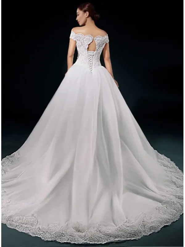 Abito da Sposa A-line economico con scollo a barchetta e gonna morbida in Tulle