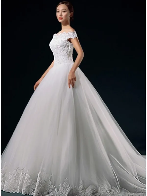 Abito da Sposa A-line economico con scollo a barchetta e gonna morbida in Tulle