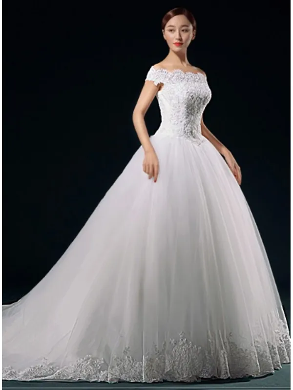 Abito da Sposa A-line economico con scollo a barchetta e gonna morbida in Tulle