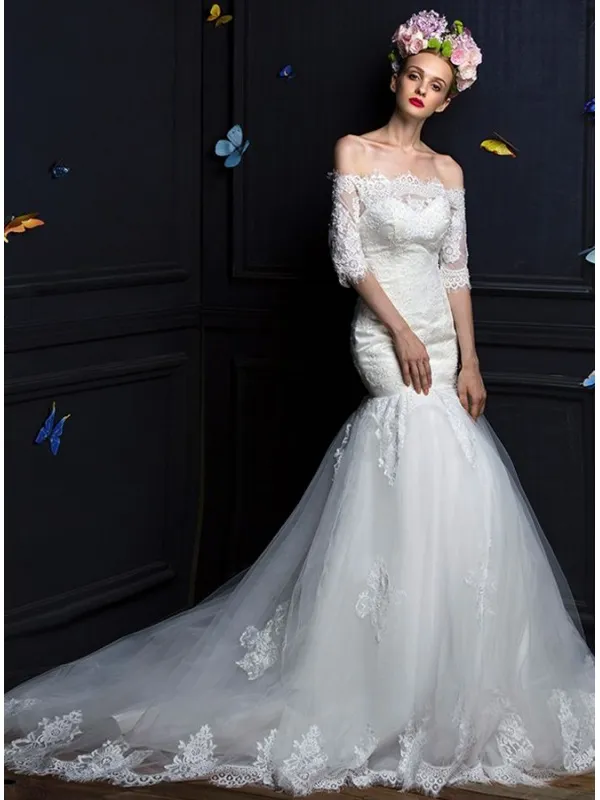 Abito da Sposa a Sirena Online Economico di pizzo con gonna vaporosa