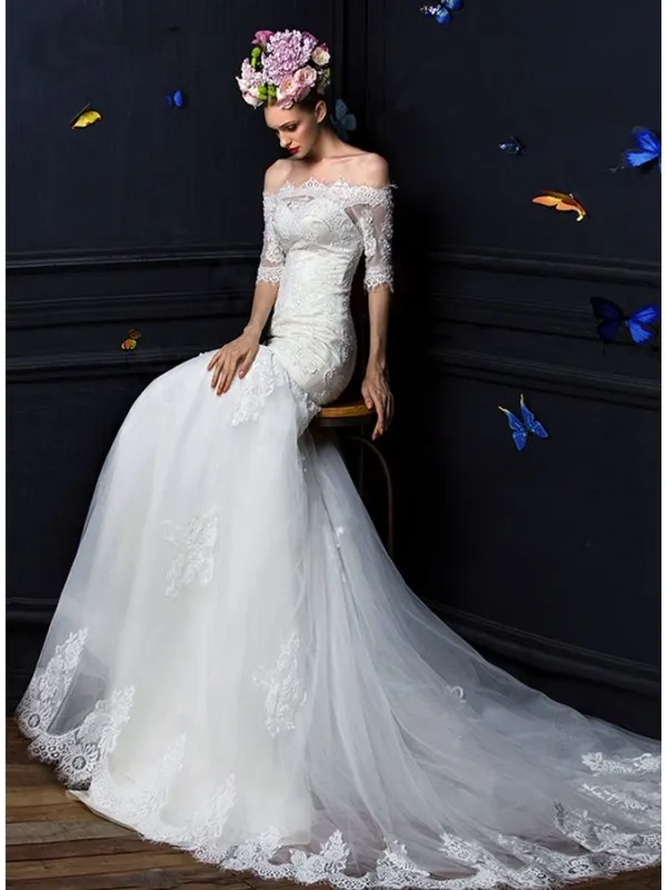 Abito da Sposa a Sirena Online Economico di pizzo con gonna vaporosa