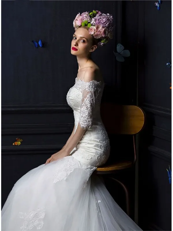 Abito da Sposa a Sirena Online Economico di pizzo con gonna vaporosa