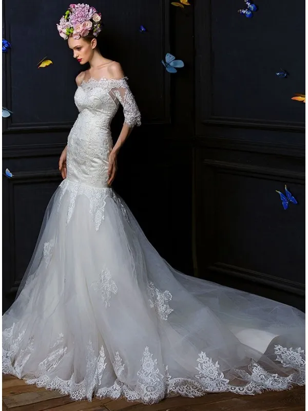 Abito da Sposa a Sirena Online Economico di pizzo con gonna vaporosa