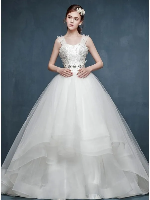 Abito da Sposa online con gonna ampia di Tulle e corpetto con fiori scollo a cuore e bretelle