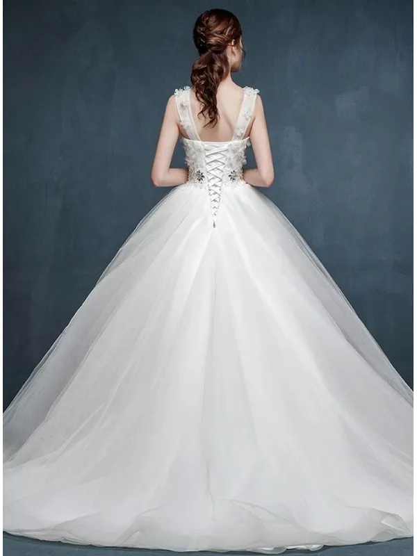 Abito da Sposa online con gonna ampia di Tulle e corpetto con fiori scollo a cuore e bretelle