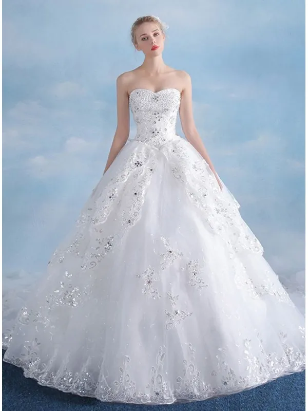 Abito da Sposa scollo a cuore A-line con gonna vaporosa e balze di pizzo