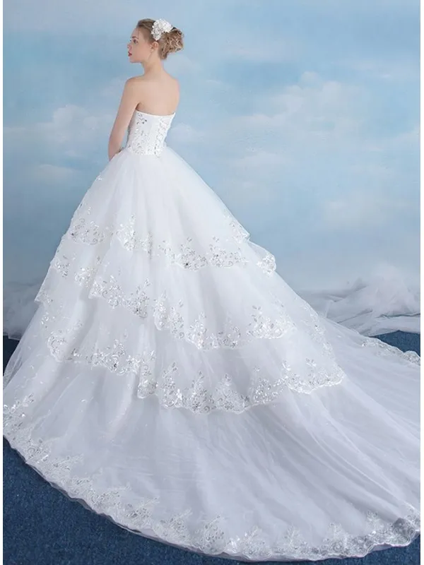 Abito da Sposa scollo a cuore A-line con gonna vaporosa e balze di pizzo