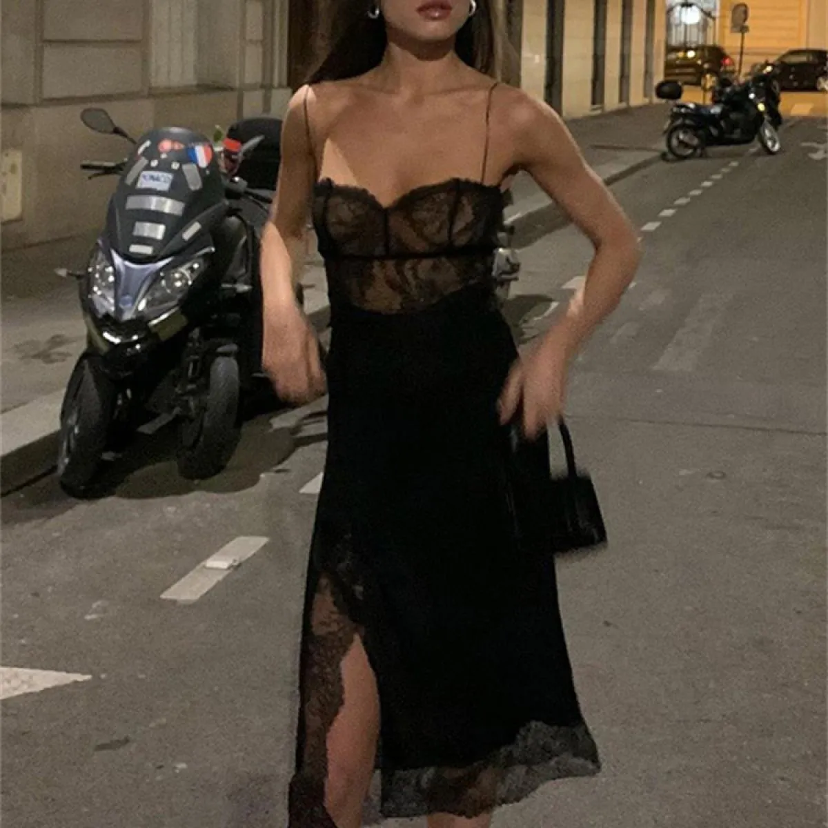 Abito midi patchwork in pizzo nero per donna Abito elegante trasparente senza spalline trasparente con spacco da donna D