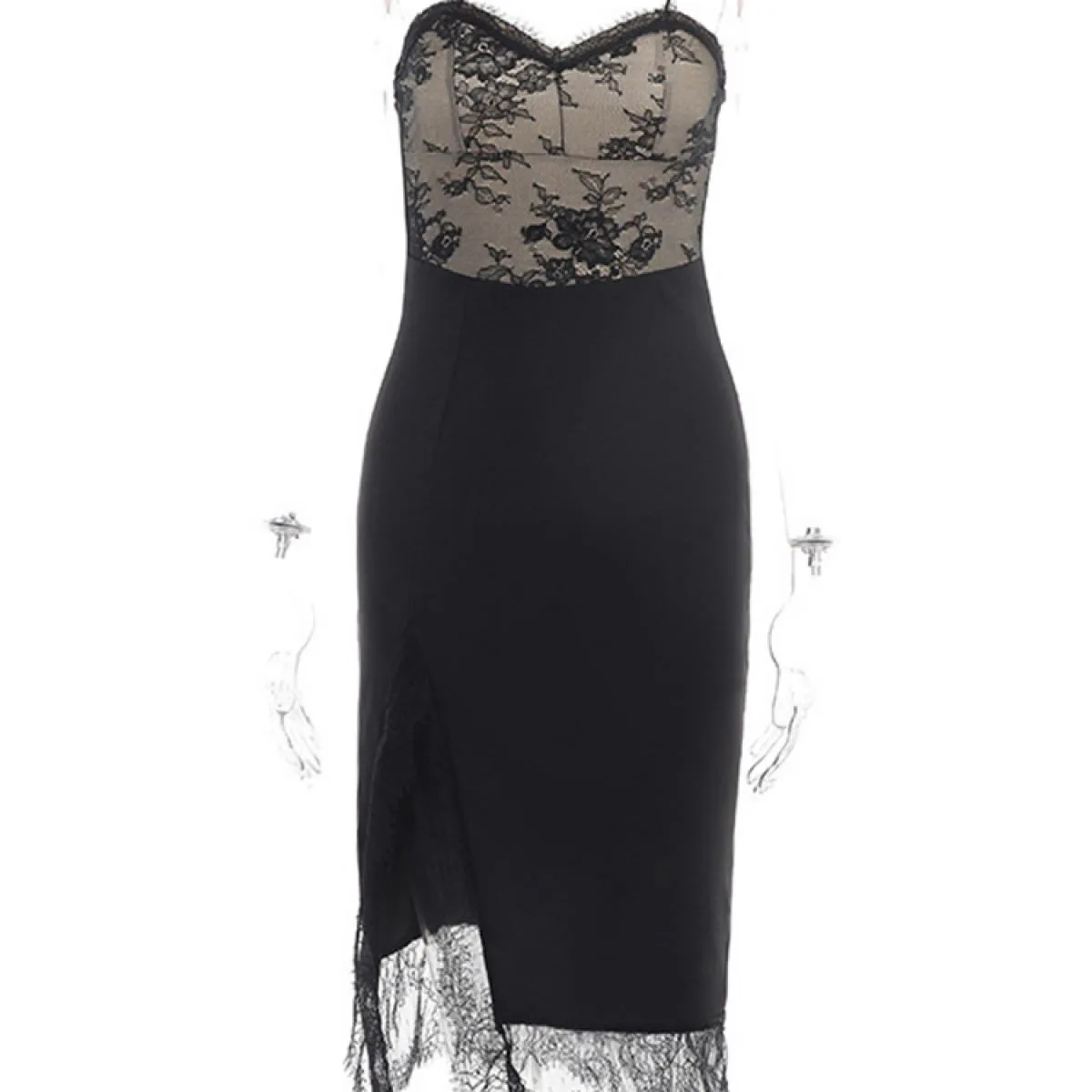 Abito midi patchwork in pizzo nero per donna Abito elegante trasparente senza spalline trasparente con spacco da donna D
