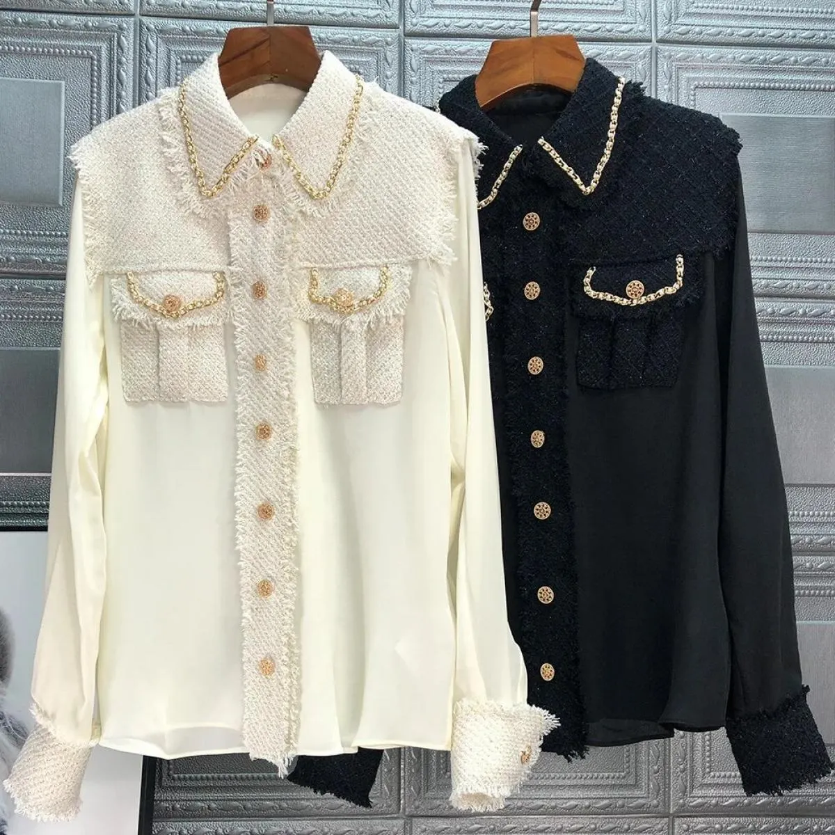 Autunno Inverno Nuova camicia catena giacca in tweed intrecciato con filo dorato cuciture Top camicia da donna Camisas Mujer