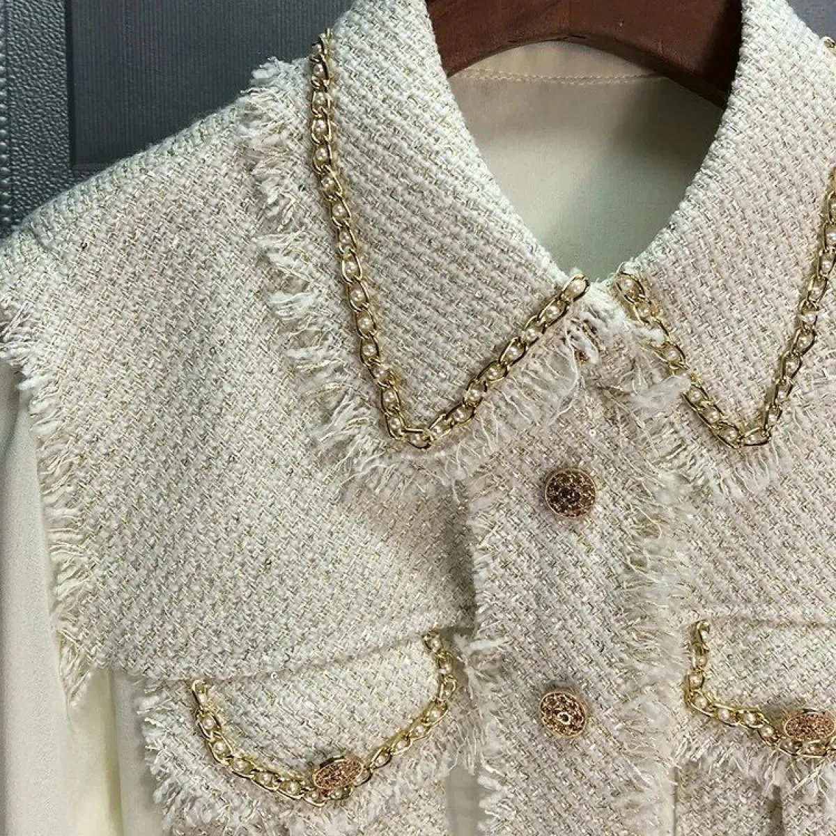 Autunno Inverno Nuova camicia catena giacca in tweed intrecciato con filo dorato cuciture Top camicia da donna Camisas Mujer