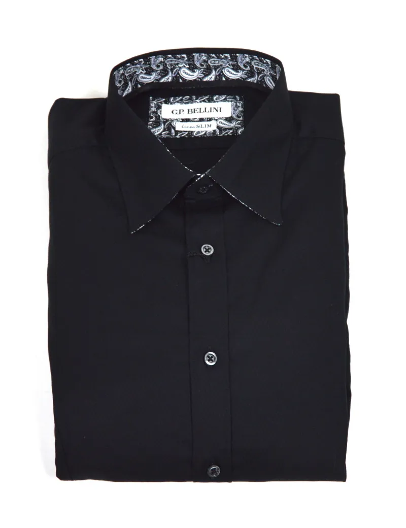 BELLINI camicia uomo nera cotone slim fit polso contrasto di colore damascato