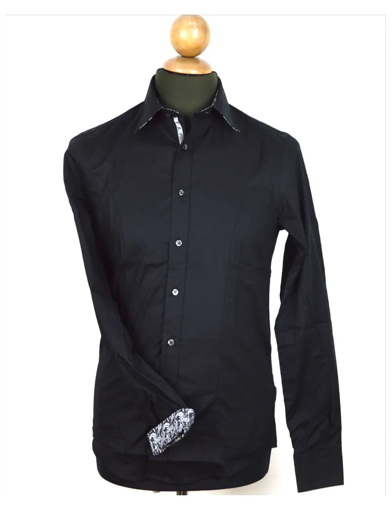 BELLINI camicia uomo nera cotone slim fit polso contrasto di colore damascato