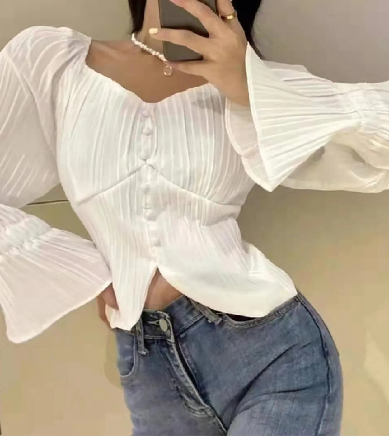 Camicetta in chiffon da donna con spalle scoperte alla moda, manica svasata, colletto quadrato, top corto, camicia con collo a p
