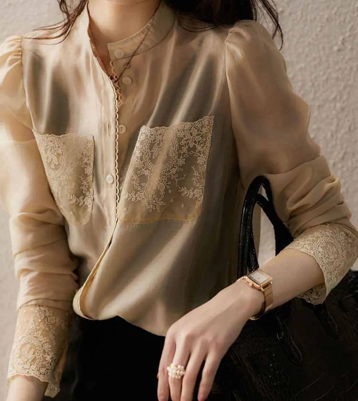 Camicette in chiffon con ricami in pizzo alla moda Elegante camicia da donna da ufficio con tasche Top da donna con bottoni Abit