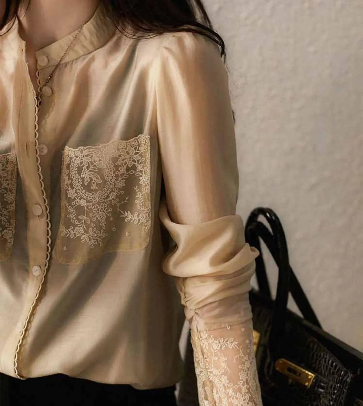 Camicette in chiffon con ricami in pizzo alla moda Elegante camicia da donna da ufficio con tasche Top da donna con bottoni Abit