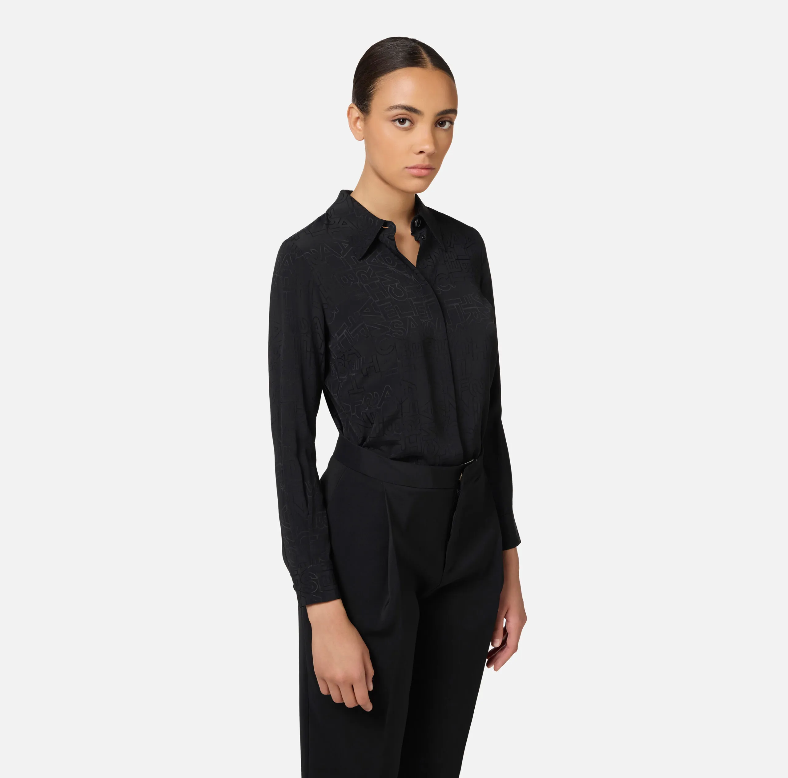 Camicia Georgette Jacquard Lettering Nero Avorio Elisabetta Franchi