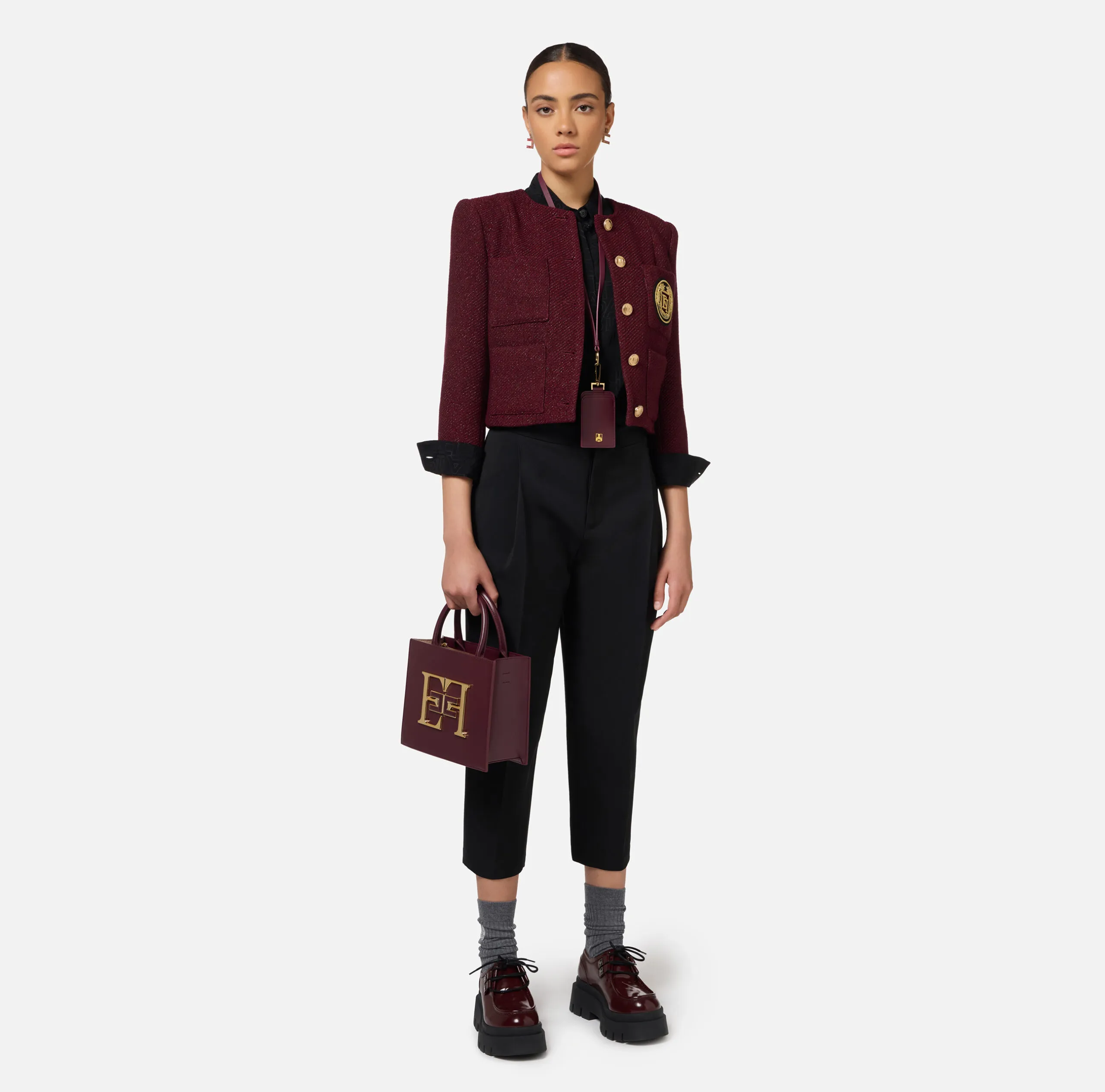 Camicia Georgette Jacquard Lettering Nero Avorio Elisabetta Franchi
