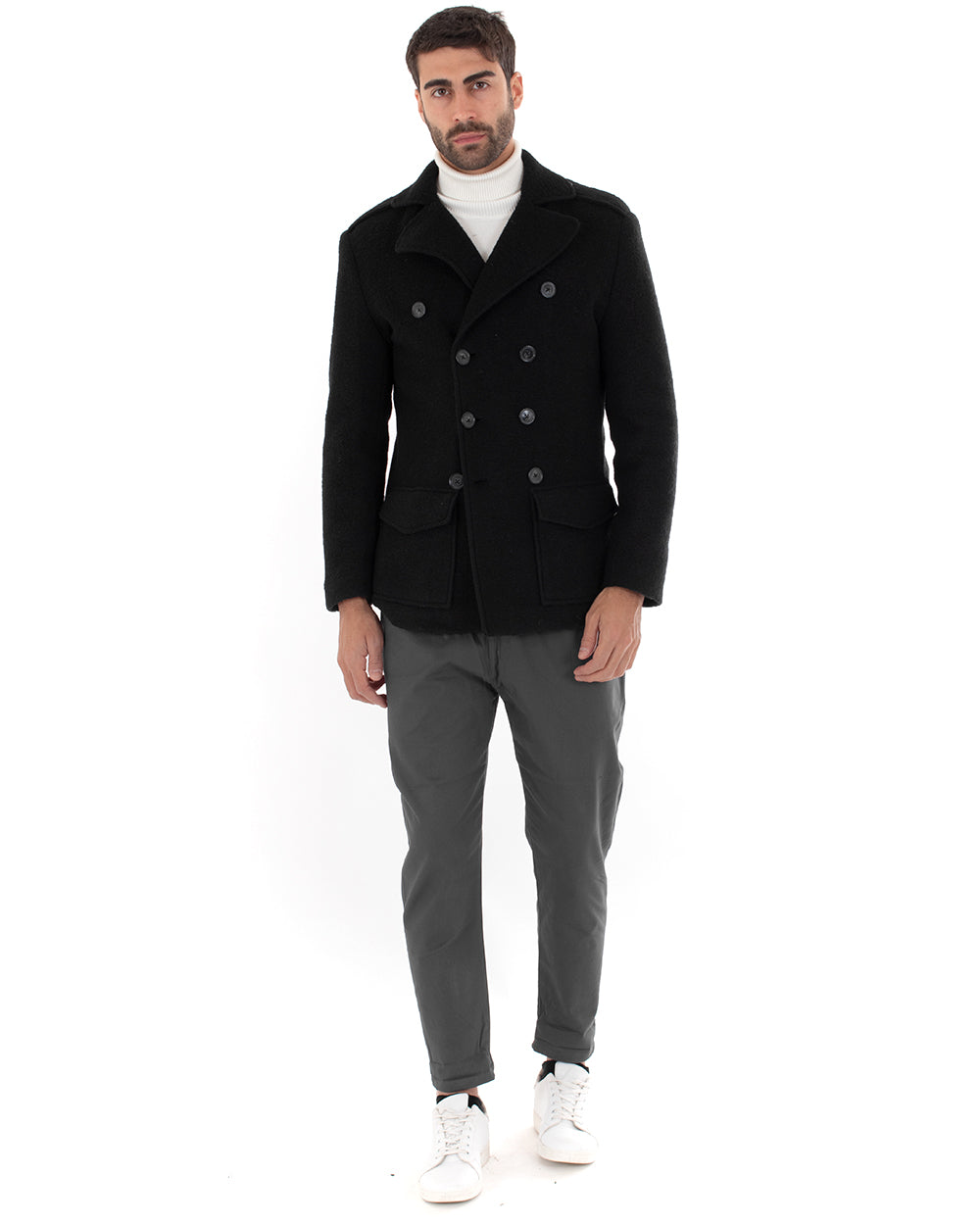 Cappotto Doppiopetto Giubbotto Uomo Giacca Corta Lana Nero Casual GIOSAL-G2762A