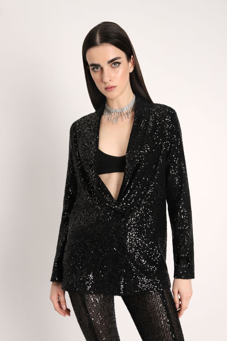Giacca monocolour in paillettes con rever classici