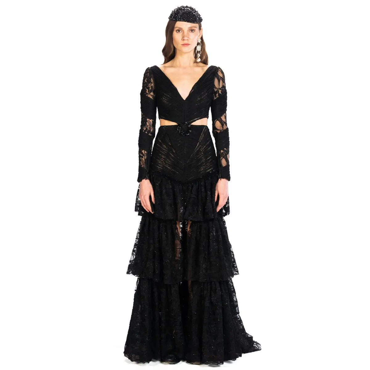 Gonna gotica multistrato Abiti da ballo lunghi Abiti da cerimonia eleganti in pizzo nero Abiti da cerimonia per occasioni formal