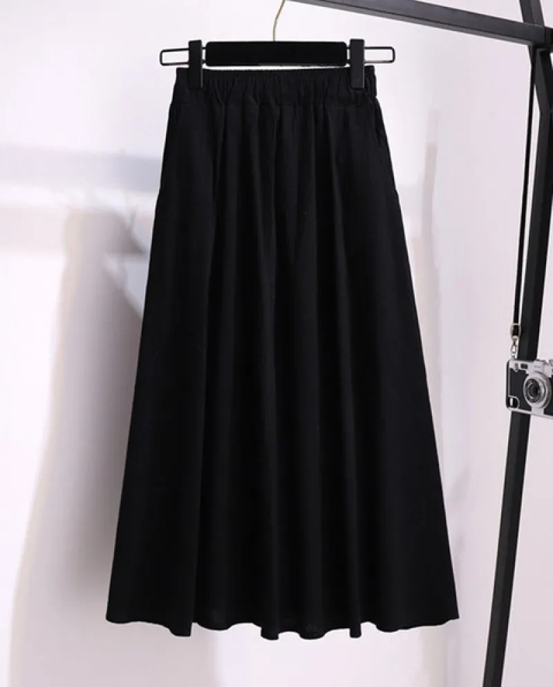 Jmprs Gonna Estiva da Donna in Cotone e Lino Elastico a Vita Alta Solid A Line
