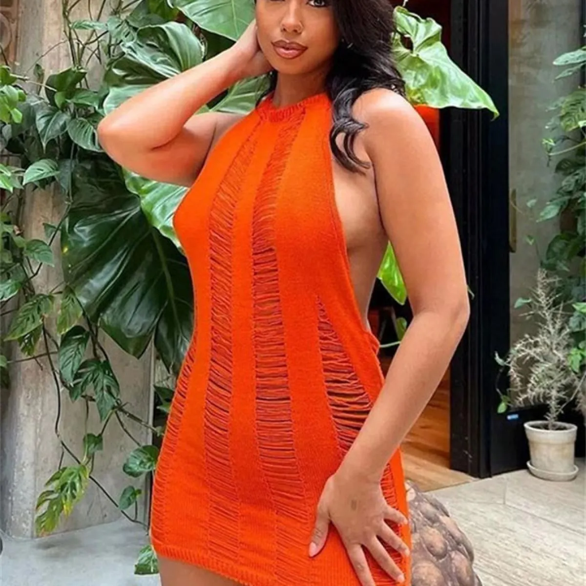 Knit Abito scollato a vita alta Abito skinny trasparente senza schienale Fasciatura solida Collo appeso Mini abito senza m