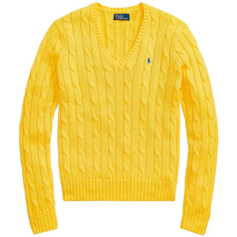 Maglione a V a trecce giallo con pony 