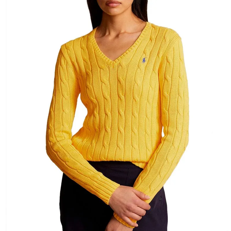 Maglione a V a trecce giallo con pony 