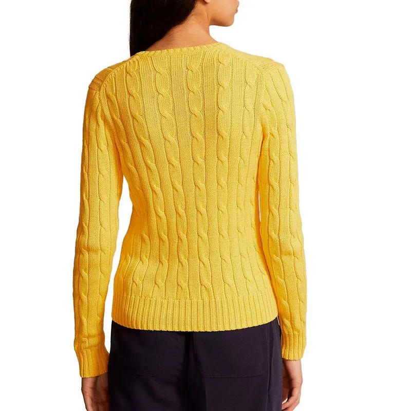 Maglione a V a trecce giallo con pony 