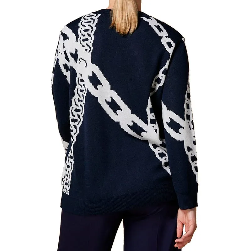Maglione Accorto blu con stampa catene bianche 