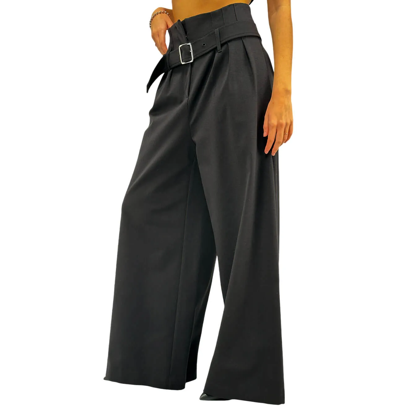 Meimeij Pantaloni Donna, Fondo Largo, Cinturone, Tessuto Misto, Nero