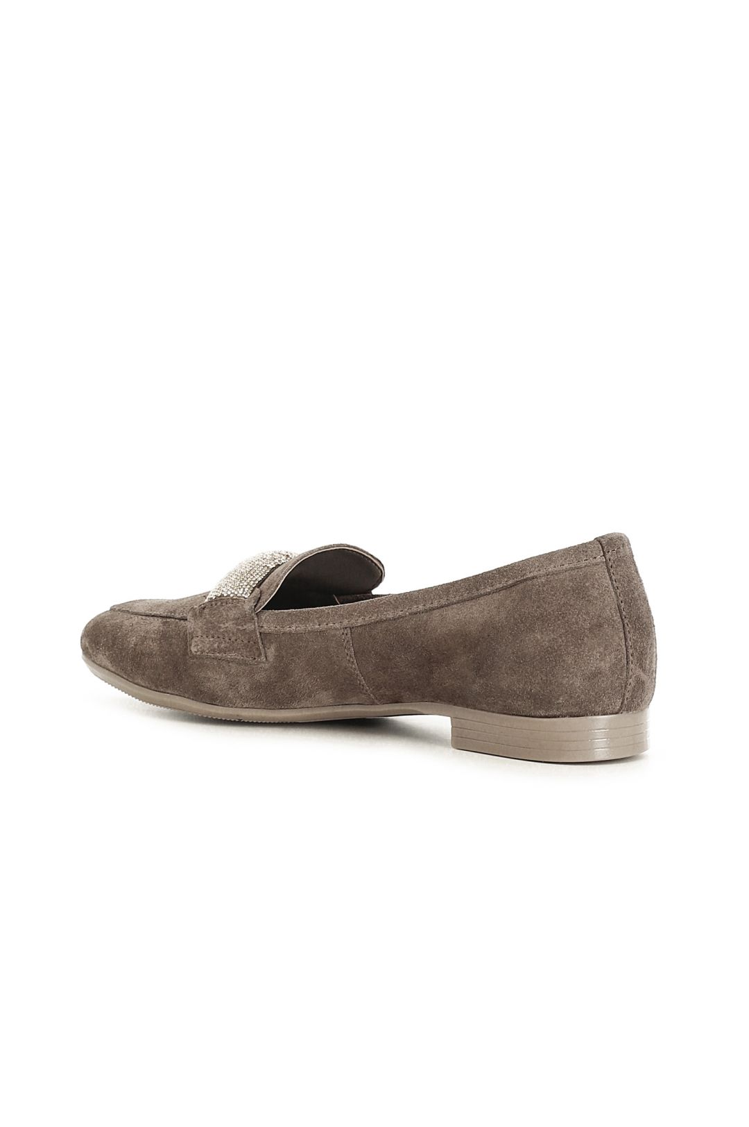 mocassini in suede con passante in strass in tinta taupe