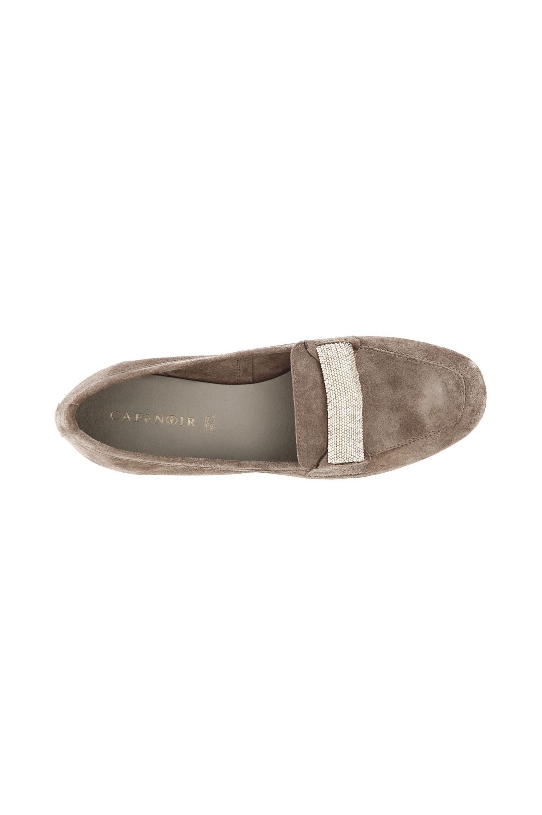 mocassini in suede con passante in strass in tinta taupe