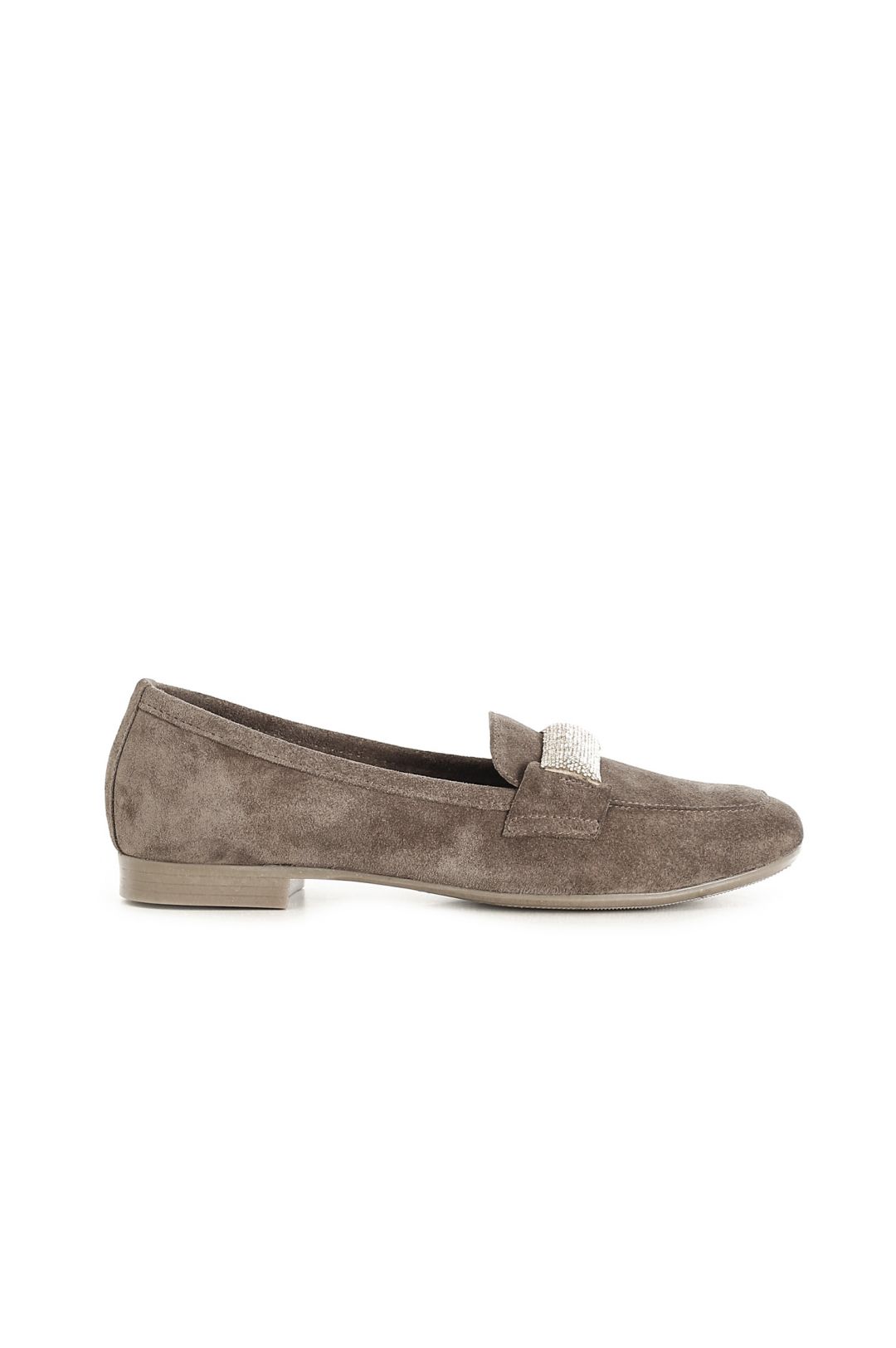 mocassini in suede con passante in strass in tinta taupe
