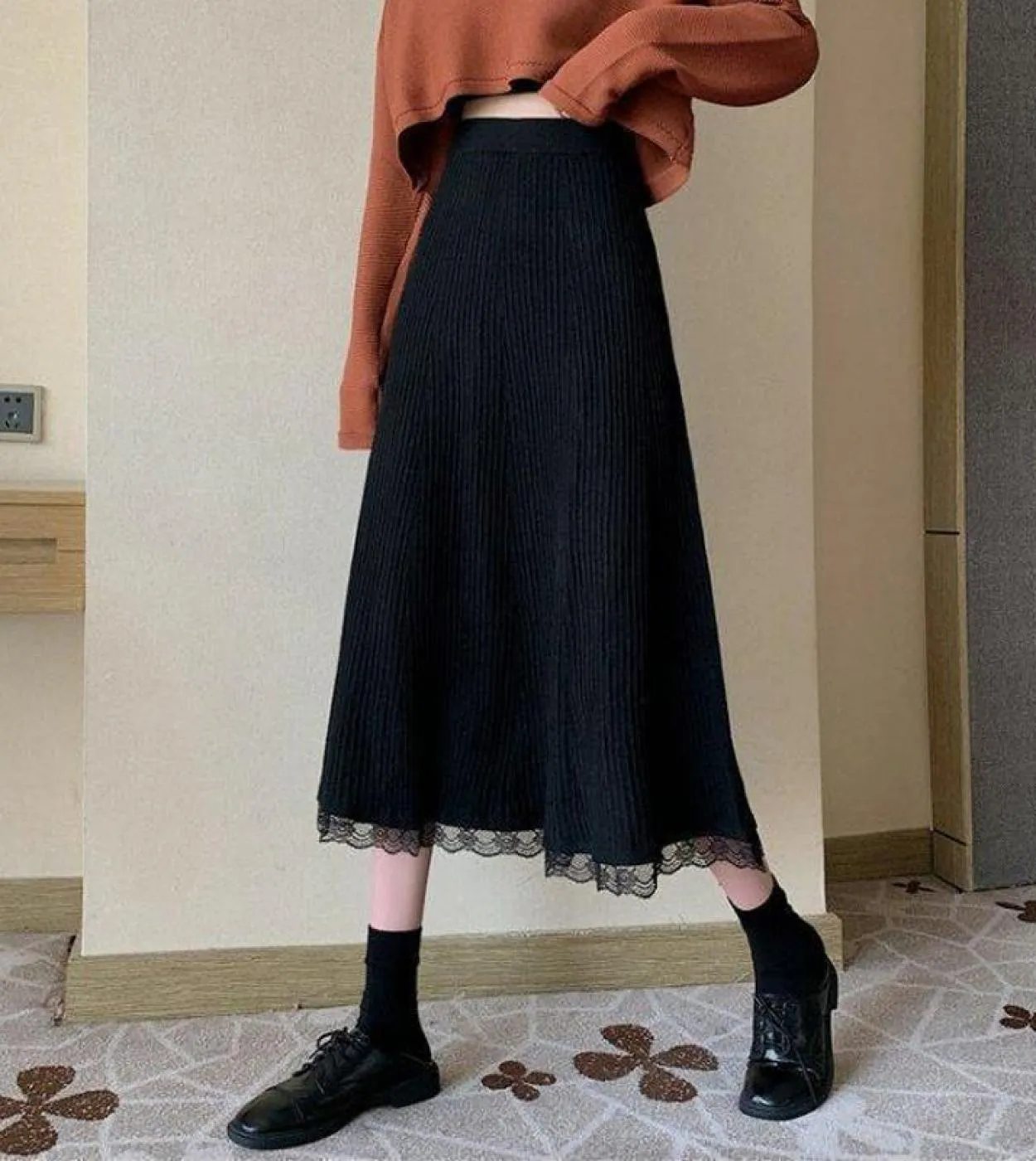 Moukyun Gonna in pizzo lavorato a maglia Donna Autunno Vita alta Patchwork in pizzo Design Vintage  Faldas Fashion All Match
