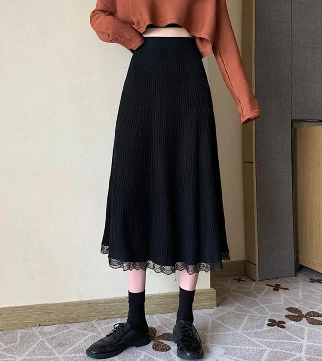 Moukyun Gonna in pizzo lavorato a maglia Donna Autunno Vita alta Patchwork in pizzo Design Vintage  Faldas Fashion All Match