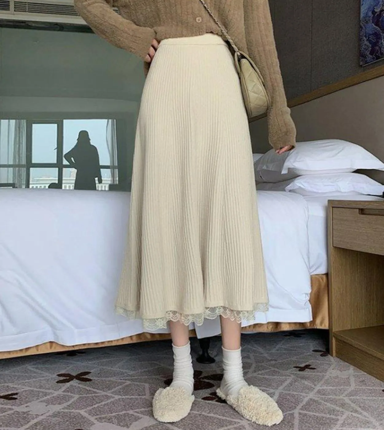 Moukyun Gonna in pizzo lavorato a maglia Donna Autunno Vita alta Patchwork in pizzo Design Vintage  Faldas Fashion All Match