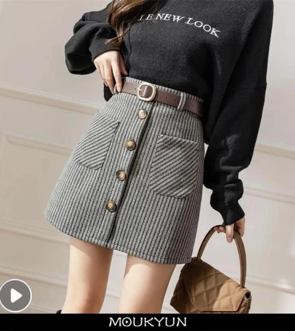 Moukyun Gonne autunno inverno a righe Mini cintura sottile da donna Gonne a trapezio Gonna da donna con taschino alla moda chic