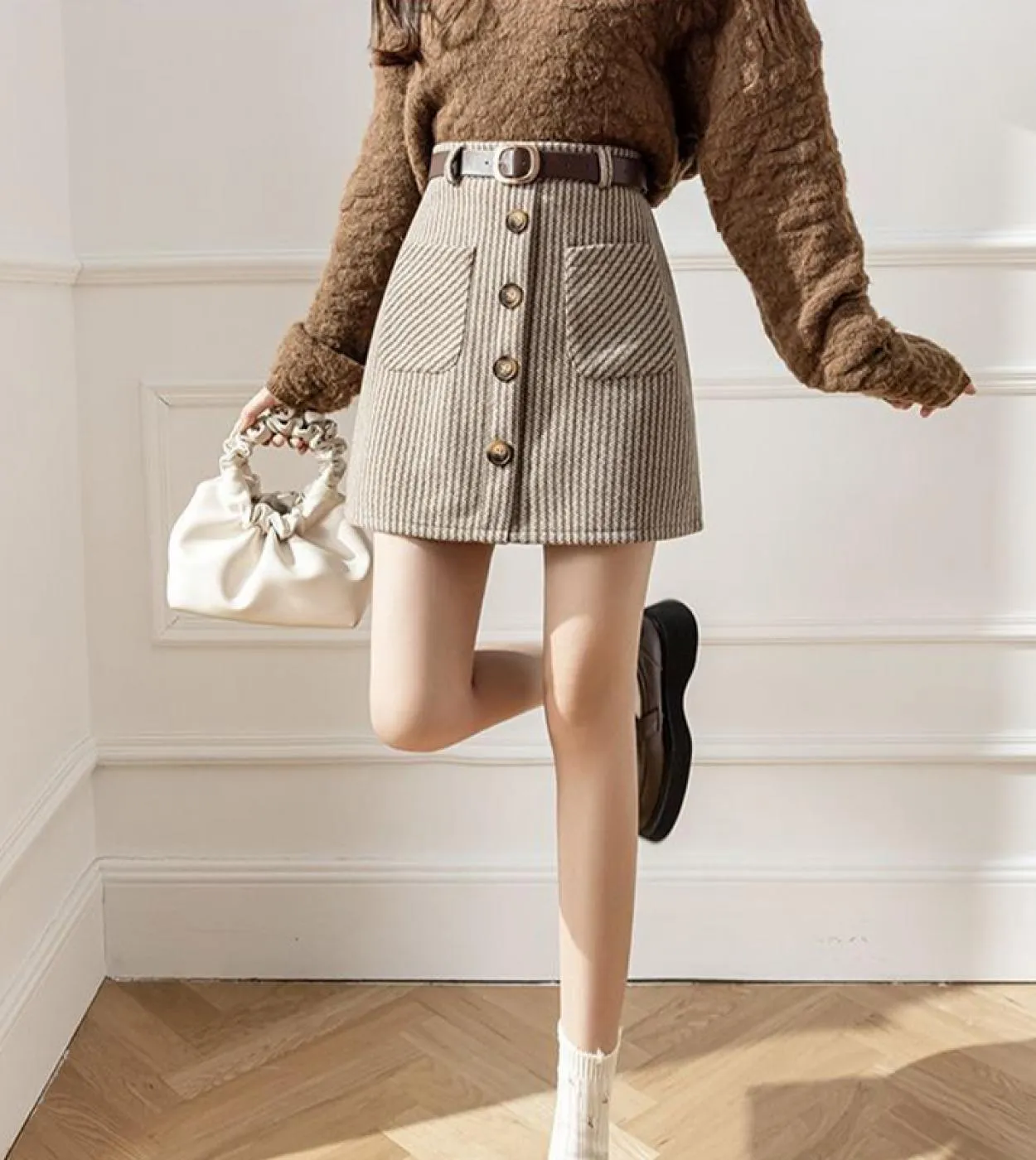 Moukyun Gonne autunno inverno a righe Mini cintura sottile da donna Gonne a trapezio Gonna da donna con taschino alla moda chic