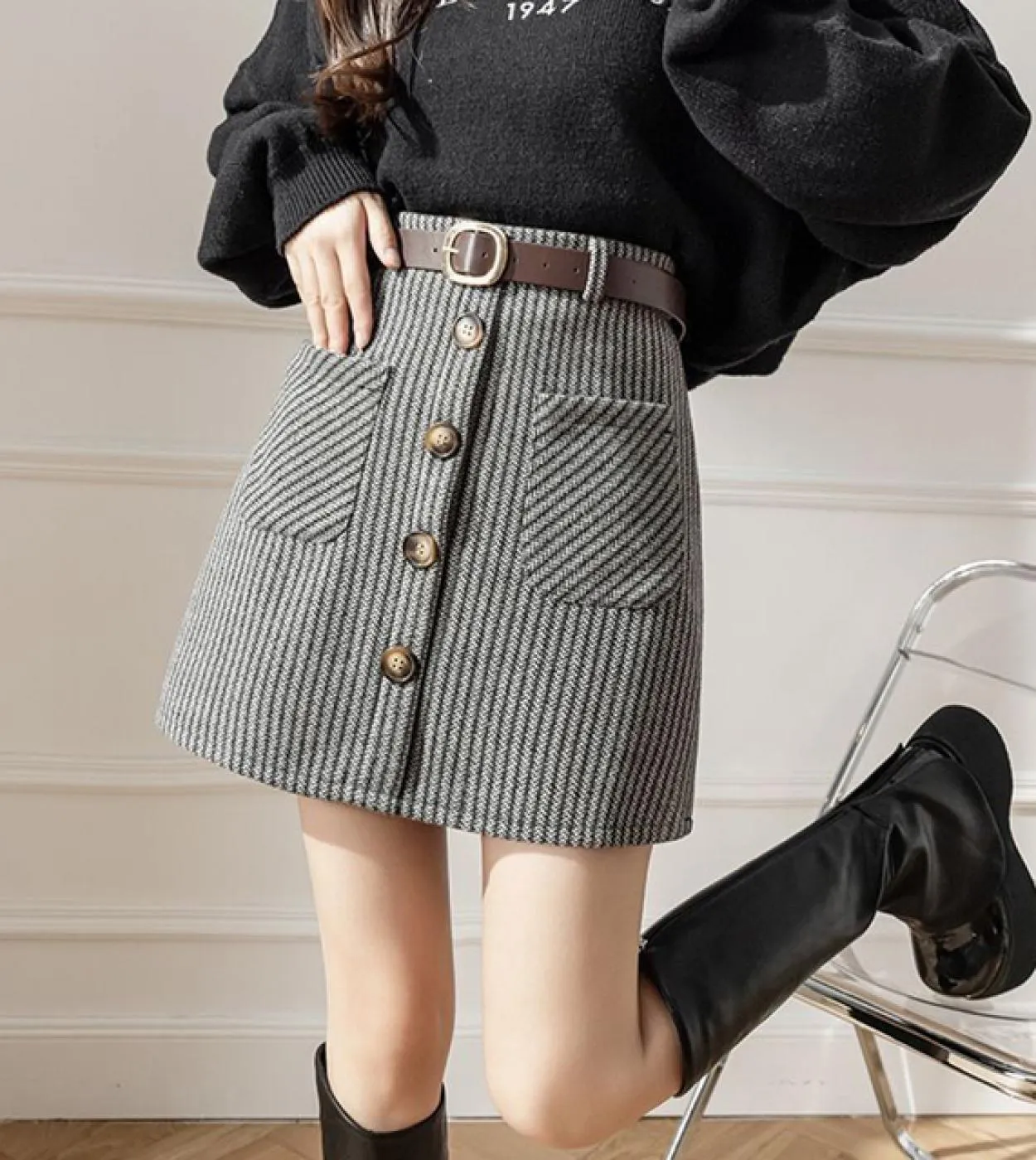 Moukyun Gonne autunno inverno a righe Mini cintura sottile da donna Gonne a trapezio Gonna da donna con taschino alla moda chic