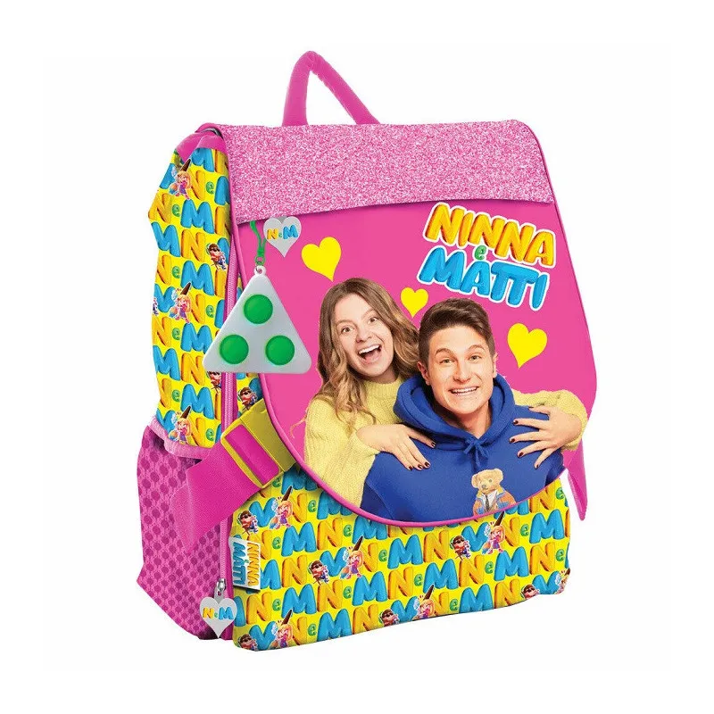 NINNA E MATTI ZAINO SCUOLA ESTENSIBILE CON ZIP + SUPER POP IT OMAGGIO ZAINETTO 44X32X16CM FUCSIA GIALLO E MULTICOLOR