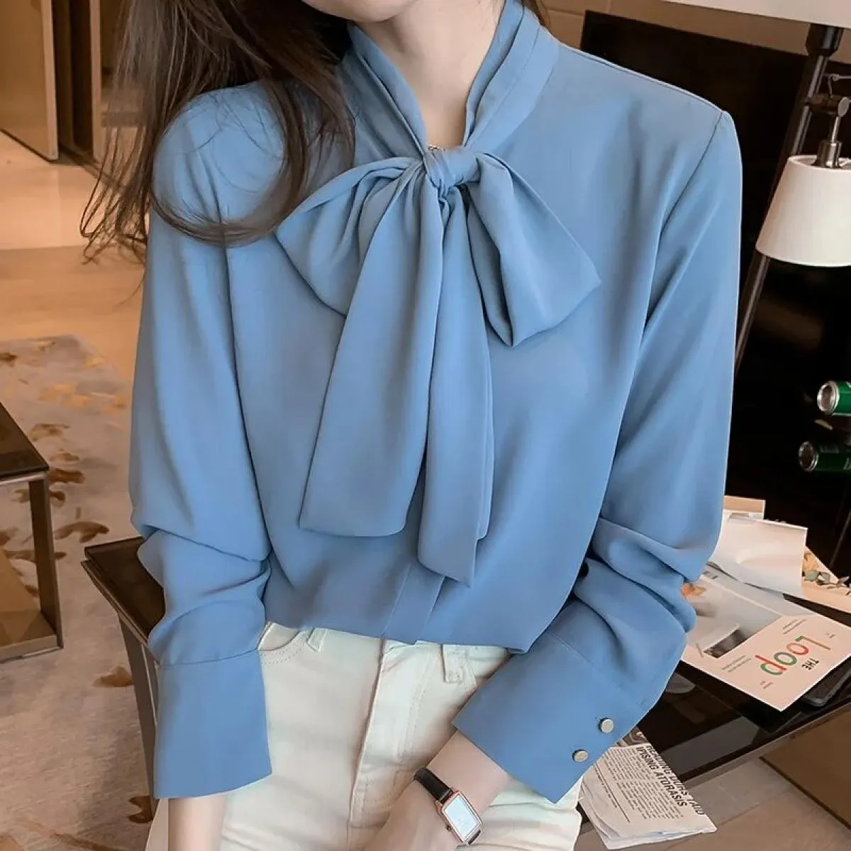 Nuova primavera autunno semplice camicetta da donna da ufficio camicia femminile con fiocco top a maniche lunghe camicette largh