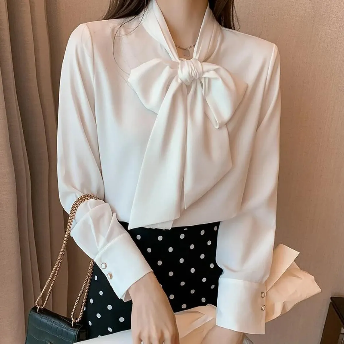 Nuova primavera autunno semplice camicetta da donna da ufficio camicia femminile con fiocco top a maniche lunghe camicette largh
