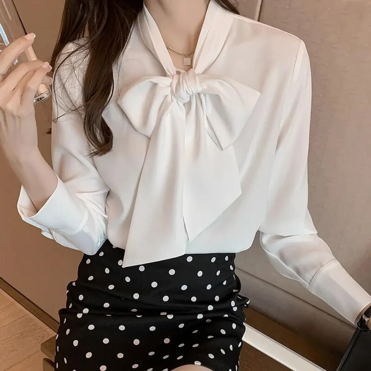 Nuova primavera autunno semplice camicetta da donna da ufficio camicia femminile con fiocco top a maniche lunghe camicette largh